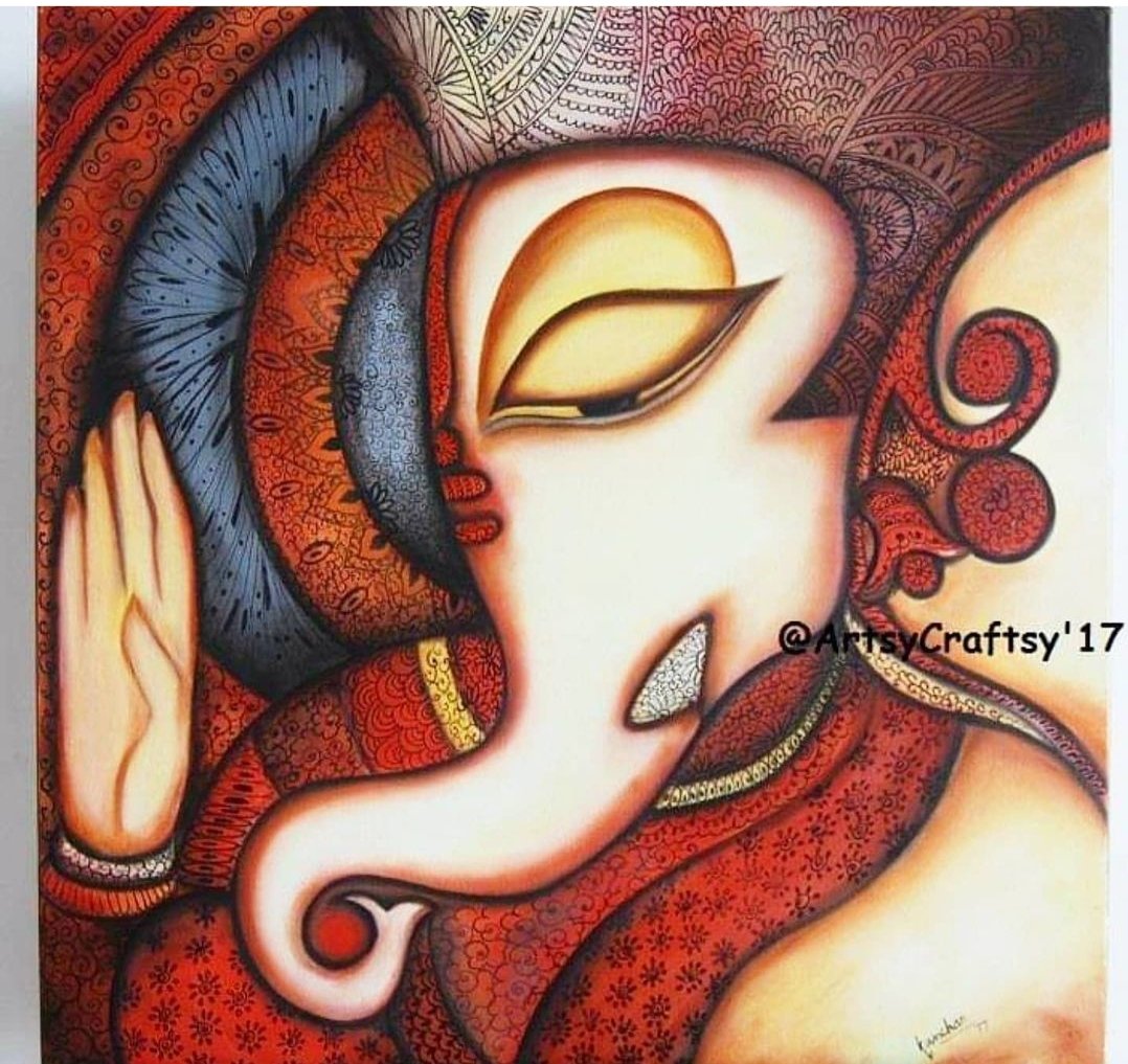 Ganesh painting in warm reds and intricate patterns