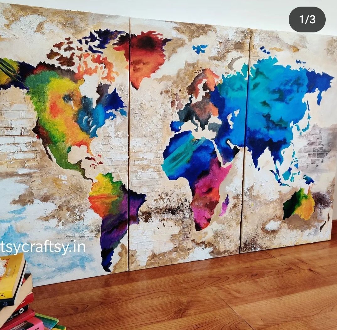 Textured triptych of a world map with vibrant continents
