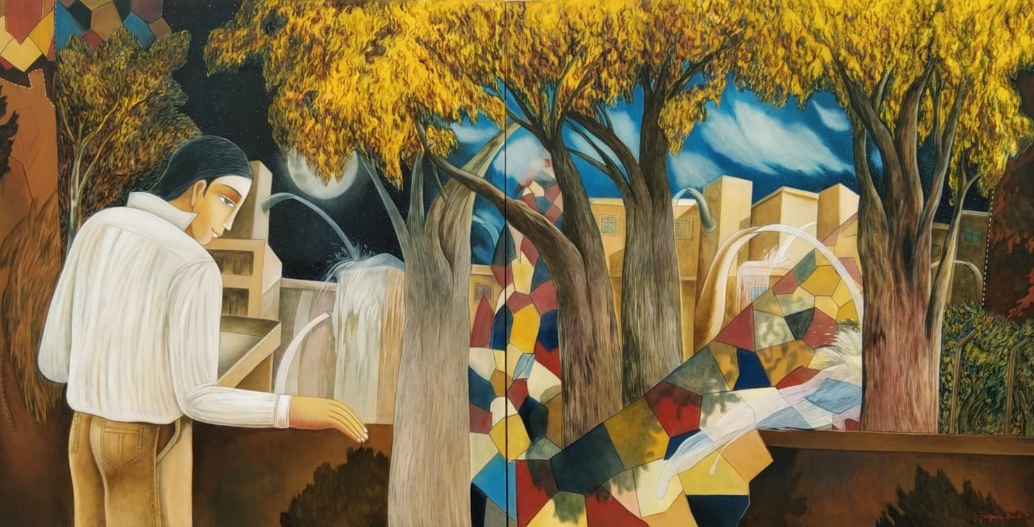 Panorama with yellow trees and flowing tessellations